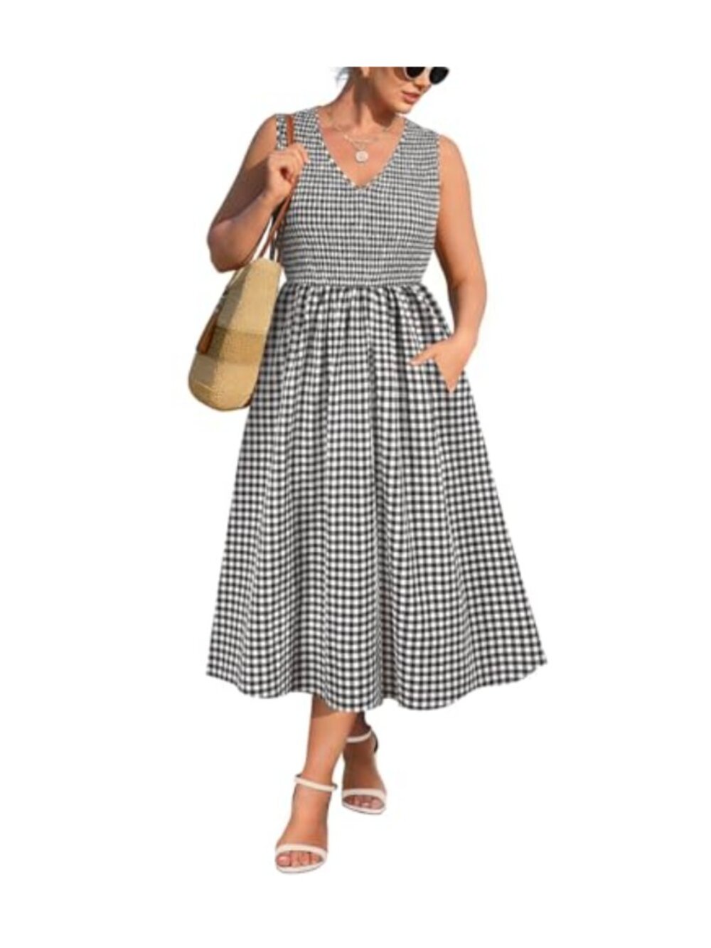 Plus Size Smocked Maxi Dress Sleeveless V-Neck Wedding Guest